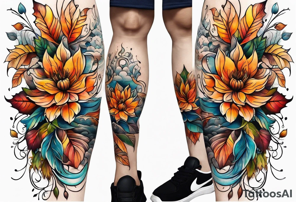 thigh tattoo with fall colors showing leaves, flowers, water flow and sky tattoo idea