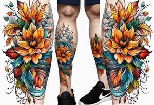 thigh tattoo with fall colors showing leaves, flowers, water flow and sky tattoo idea