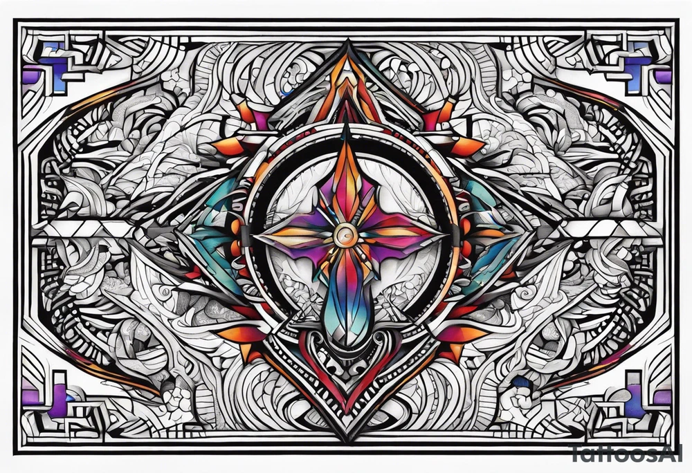 Bold geometric tapestry trident in colour on arm tattoo idea