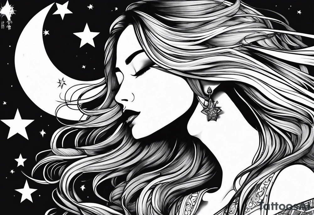 long haired woman reaching to stars tattoo idea