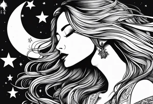 long haired woman reaching to stars tattoo idea