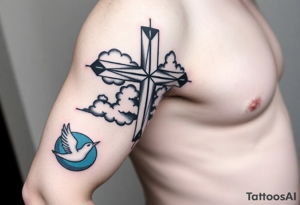 Big cross with clouds in the back with a dove a the bottom left of the forearm with a blue circle around it and the number 4 to the of the dove. tattoo idea
