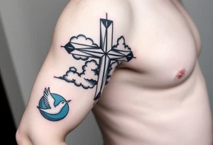 Big cross with clouds in the back with a dove a the bottom left of the forearm with a blue circle around it and the number 4 to the of the dove. tattoo idea