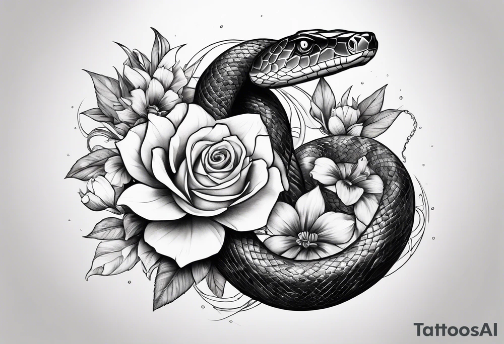 snake wrapped around a sword shattering into flower tattoo idea