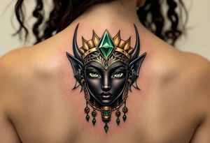 A black Anubis head with emerald green eyes and a royal gold headdress. tattoo idea