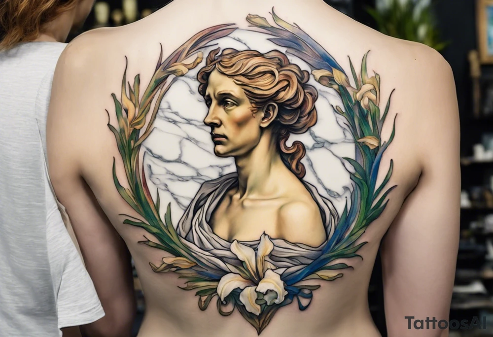 Create a colorful Vincent van Gogh Irises tattoo with an ancient Greek female statue in the middle in white marble. The tattoo should take the form of a crescent, with vines gracefully intertwining at a central point in the middle of the wreath.  The intended placement is on the upper chest. The overall design should be small in size while maintaining a delicate and artistic aesthetic. Pay attention to the graceful flow of the vines and the placement of the irises to achieve a refined and elegant look. tattoo idea