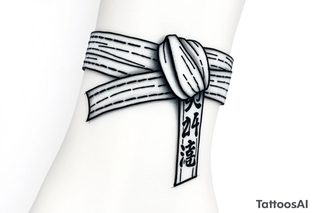 A realistic black and gray tattoo of a Brazilian Jiu-Jitsu black belt wrapping around the wrist like a bracelet. The belt is tied in a knot with one end showing the number 30 and the other showing 24. On the flat end of the belt, two Japanese kanji characters are inked in white: 成長 (growth) and 忍耐 (perseverance). The belt has subtle stitch marks and worn, textured shading for a slightly distressed, authentic look. The style is clean, symbolic, and bold, designed to wrap naturally around the wrist like a wristband.” tattoo idea