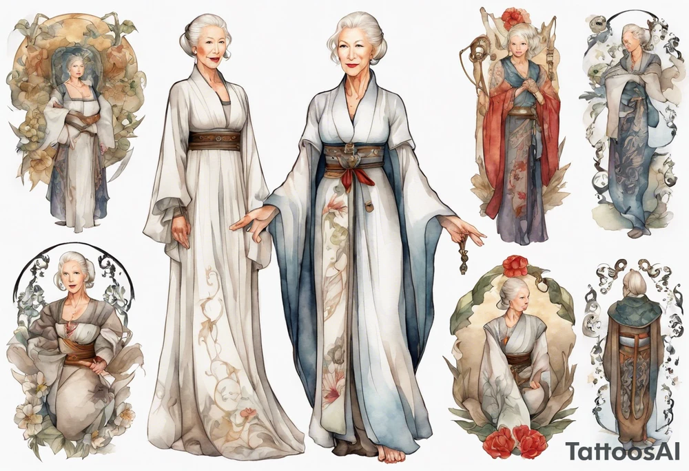 medieval Helen Mirren dressed in white tattoo idea