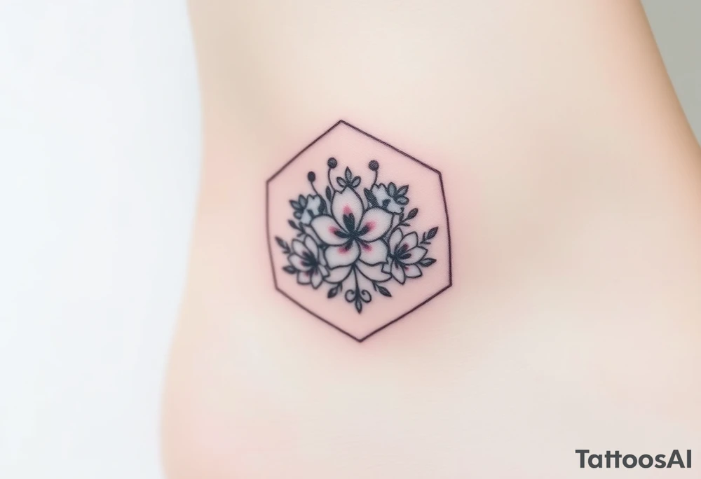 Faint Hexagon with Leo, larkspur and water lilies in the center tattoo idea