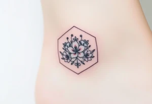 Faint Hexagon with Leo, larkspur and water lilies in the center tattoo idea