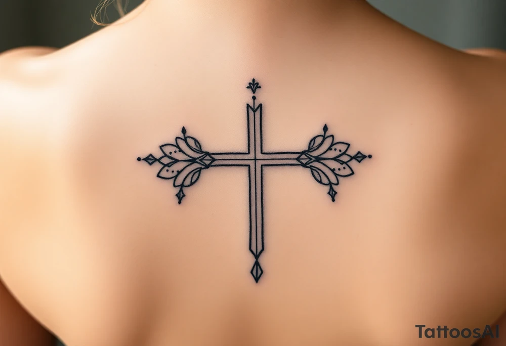 Thin christian cross, surrounded by geometrics ornaments tattoo idea