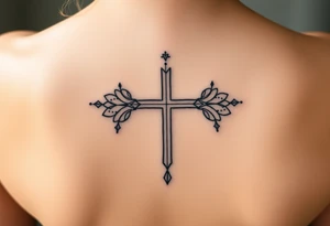 Thin christian cross, surrounded by geometrics ornaments tattoo idea