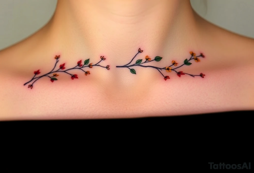 Two separate collarbone tattoos of long, stems and branches covered with red, orange, yellow and dark forest green leaves and flowers, academia, witchy, muted, delicate and gentle but moody, long and thin, following the collarbone. More muted, not so bright, darker colors. Fewer amount of leaves, larger leaves. Less flowers and leaves. tattoo idea