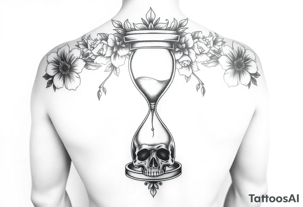 A back tattoo with soft matching florals on each shoulder going toward the middle of the back. In the middle theres an hourglass with a skull on the bottom that the sand is pouring into. tattoo idea