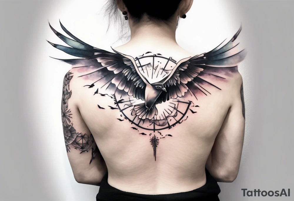 a shoulder round shape tattoo with lots of rays of light in gradient starting from the middle
, clouds and birds flying free tattoo idea