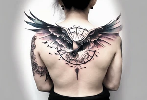 a shoulder round shape tattoo with lots of rays of light in gradient starting from the middle
, clouds and birds flying free tattoo idea