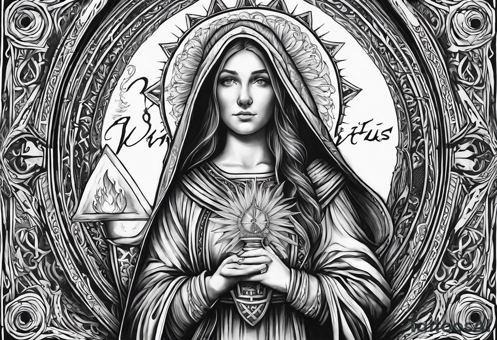 A full back piece themed on the surname mcbride and the irish saint bridget. It should take inspiration from artwork of saint bridget holding fire in her hands. It should have the text Vincit Pericula Virtus on it tattoo idea