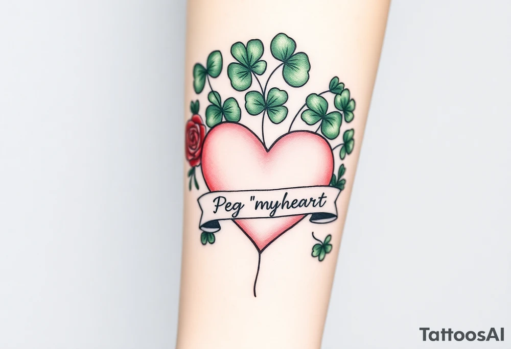 A ton of green shamrocks grouped with red roses and a big pale pink heart with a banner across the heart that says Peg 'o My Heart tattoo idea