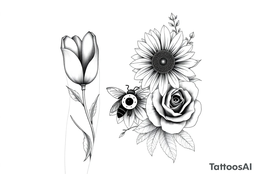 Tulip withSunflower and a Rose also a Bee with Water symbol Fire symbol Earth symbol
Wind 
Phoenix 
Evil eye 
888 tattoo idea