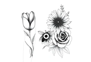 Tulip withSunflower and a Rose also a Bee with Water symbol Fire symbol Earth symbol
Wind 
Phoenix 
Evil eye 
888 tattoo idea