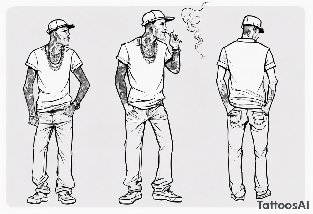 A man standing full-length, smoking a cigarette, with earrings in his ears, no headgear tattoo idea