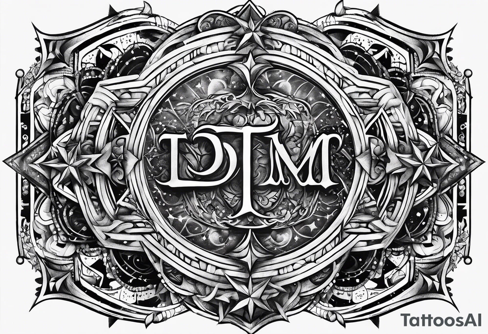the letters tdm with different sized stars and cloads for shading tattoo idea
