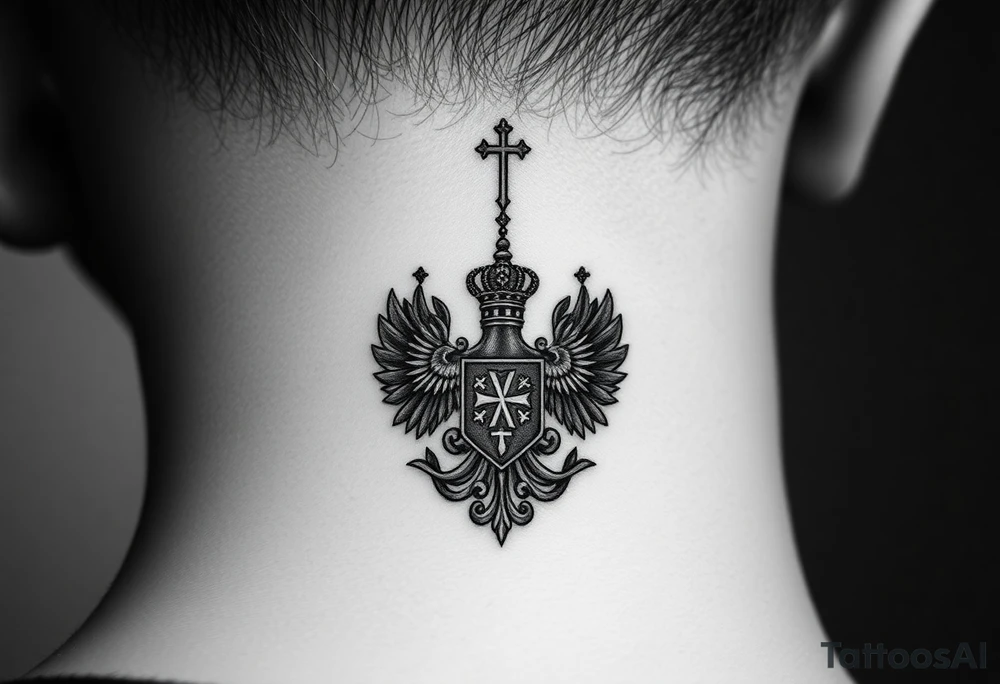 russian coat arms in a russian christian orthodox cross style virgin mary & orthodox dome church on the side of the neck tattoo idea