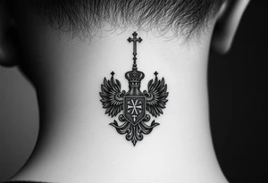 russian coat arms in a russian christian orthodox cross style virgin mary & orthodox dome church on the side of the neck tattoo idea