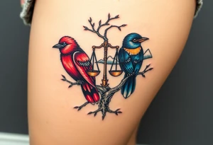 2 birds as the focus, one of the birds red wearing a suit, other bird navy blue with glasses or holding a book, scales of justice built into a tree, starry night painting and mountain background tattoo idea