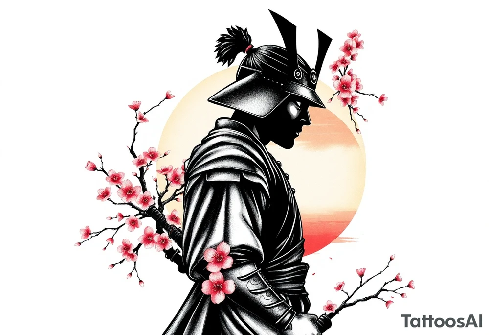 noble samurai warrior silhouette at sunset with cherry blossoms tattoo idea