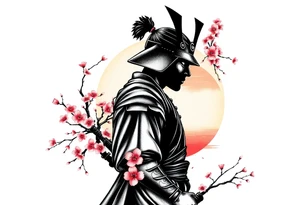 noble samurai warrior silhouette at sunset with cherry blossoms tattoo idea