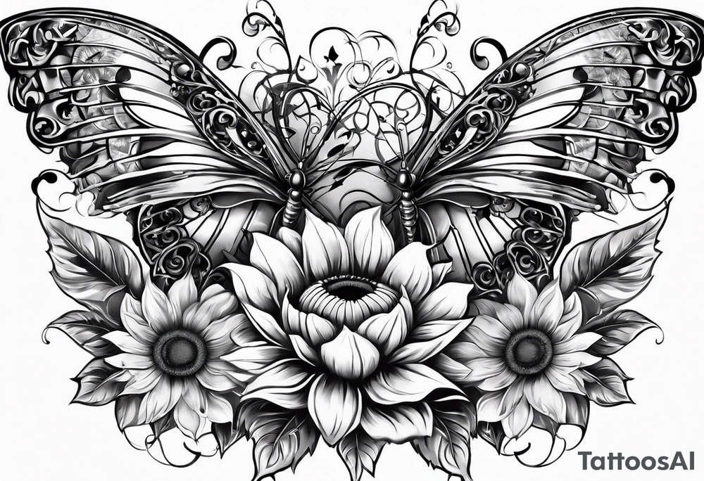 Arm sleeve with Winged cross with sunflower and butterflies tattoo idea