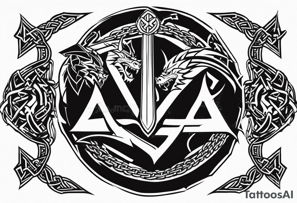 Valhalla sword shield dragon axe Valknut barbed wire chains tribal tattoo idea Valhalla sword shield dragon axe Valknut barbed wire chains tribal tattoo idea