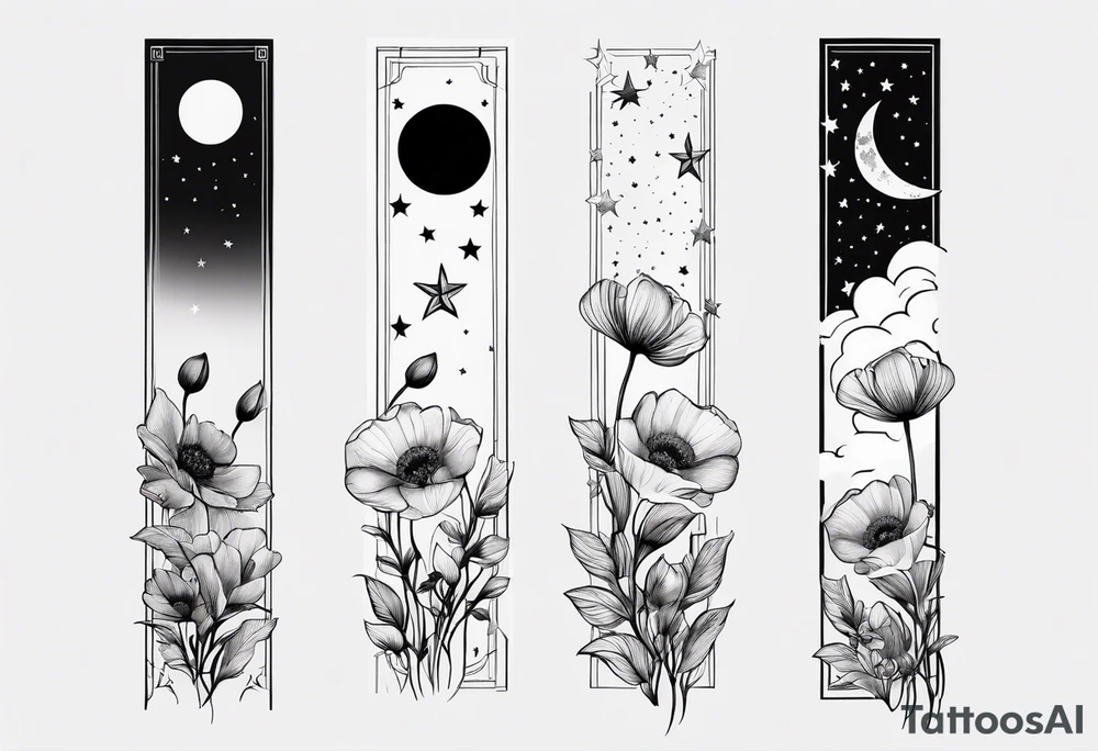 fine line vertical spine tattoo with stars, moon, clouds, poppy dainty very simple tattoo idea