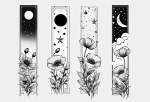 fine line vertical spine tattoo with stars, moon, clouds, poppy dainty very simple tattoo idea