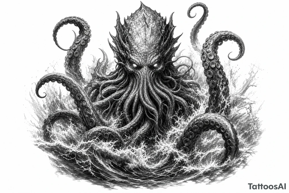 A powerful kraken-like water demon, tentacles emerging from stormy waves. tattoo idea