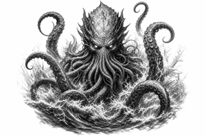 A powerful kraken-like water demon, tentacles emerging from stormy waves. tattoo idea