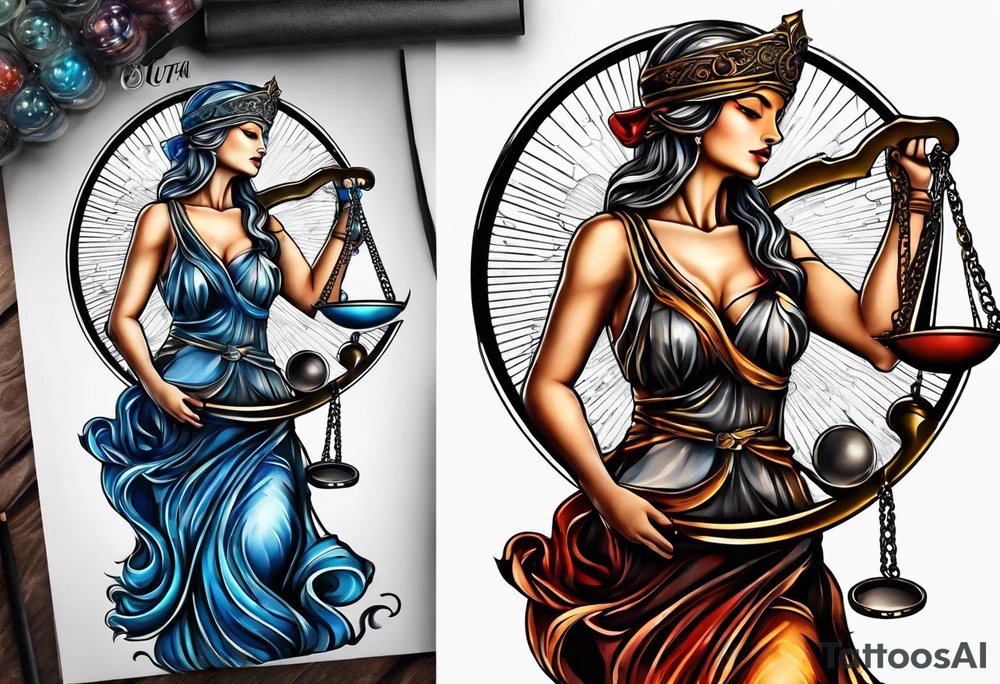 Themis holding the scales of justice while blindfolded with a moon in the background in color tattoo idea