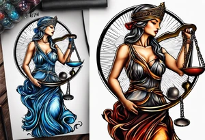 Themis holding the scales of justice while blindfolded with a moon in the background in color tattoo idea