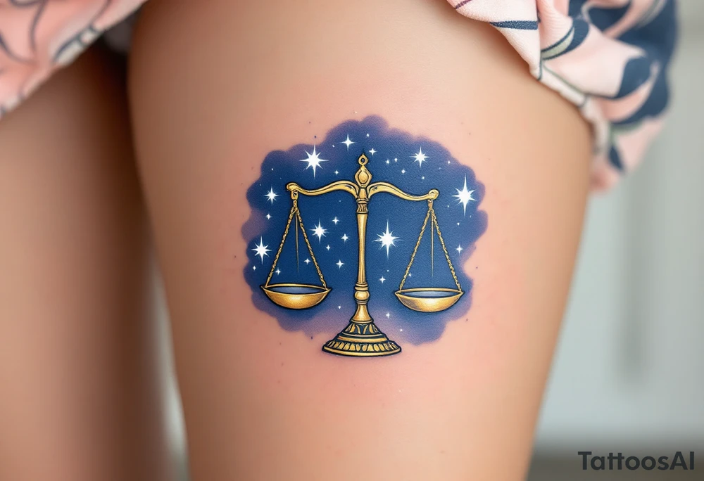 The Libra stars constellation in white ink glows across a midnight-blue background, hovering above golden weighing scales. tattoo idea