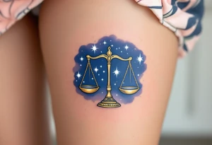 The Libra stars constellation in white ink glows across a midnight-blue background, hovering above golden weighing scales. tattoo idea