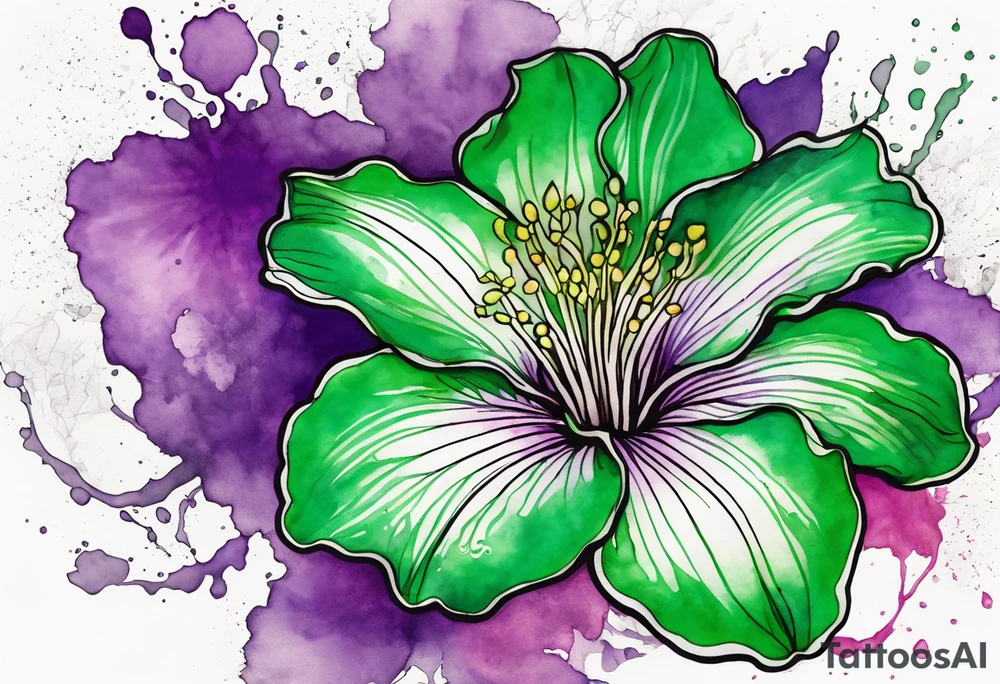 An outline of an only green rio dipladenia flower and a green and purple watercolor splash in the background tattoo idea