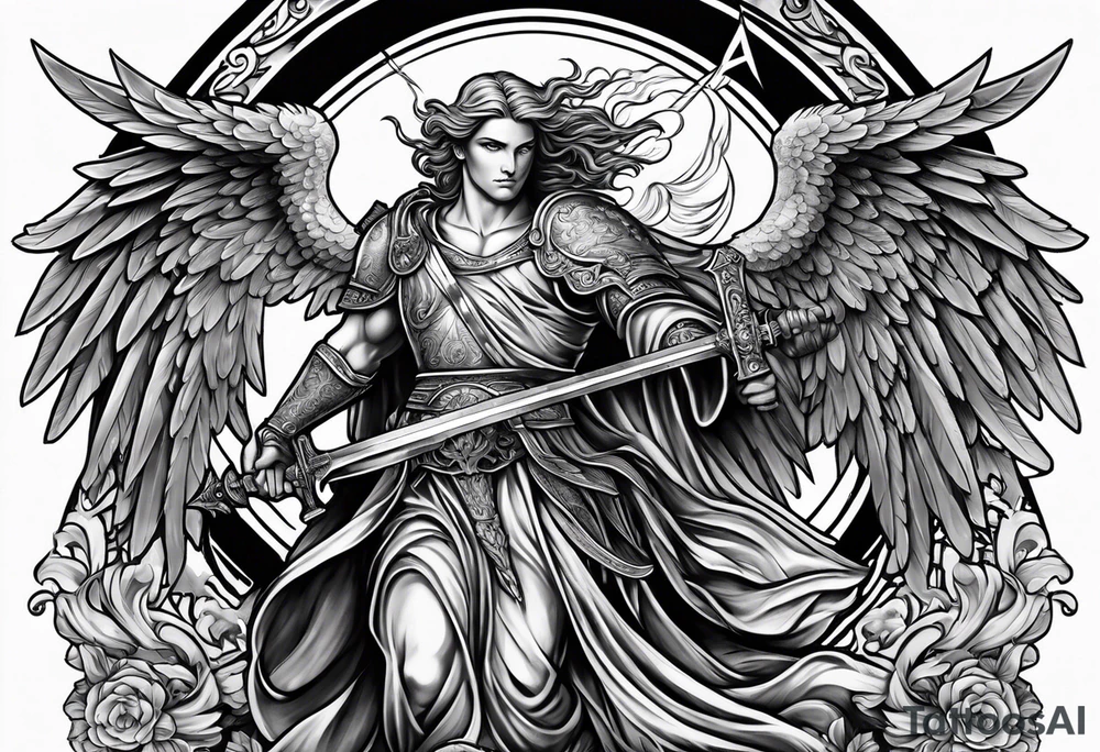 Male American guardian angel with a sword and angel from hell combined together tattoo idea