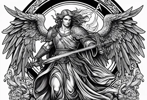 Male American guardian angel with a sword and angel from hell combined together tattoo idea