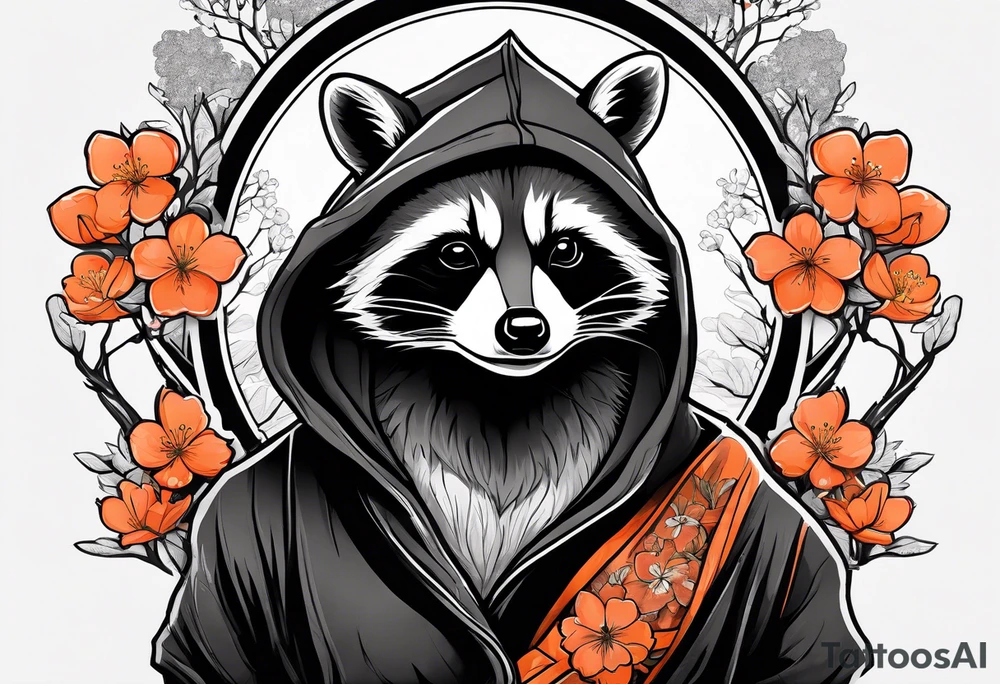Raccoon wearing a white Superman logo on a black hoodie and orange Japanese cherry blossoms beside tattoo idea