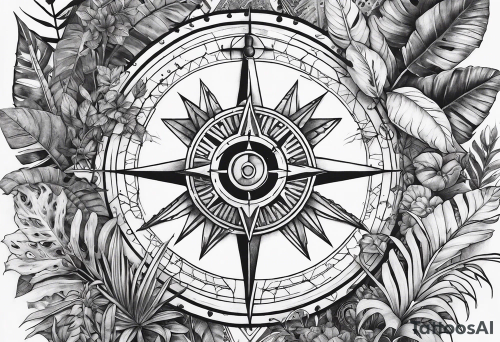 arm sleeve tattoo with Viking compass and all-seeing eye surrounded by jungle plants tattoo idea