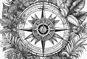 arm sleeve tattoo with Viking compass and all-seeing eye surrounded by jungle plants tattoo idea