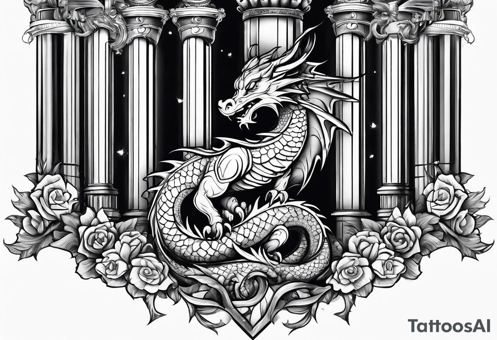 Cute Dragon broken roman columns tattoo idea