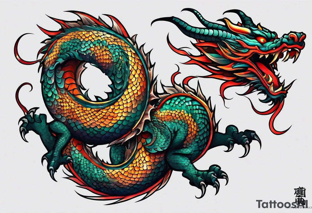 An epic floating asian dragon. Its long body coiling dynamically, with scales and horns detailed to create a sense of movement and strength. The dragon's color is giving a vibrant depth and a mystical aura. This tattoo highlights the dragon’s fierce expression and sharp claws. tattoo idea