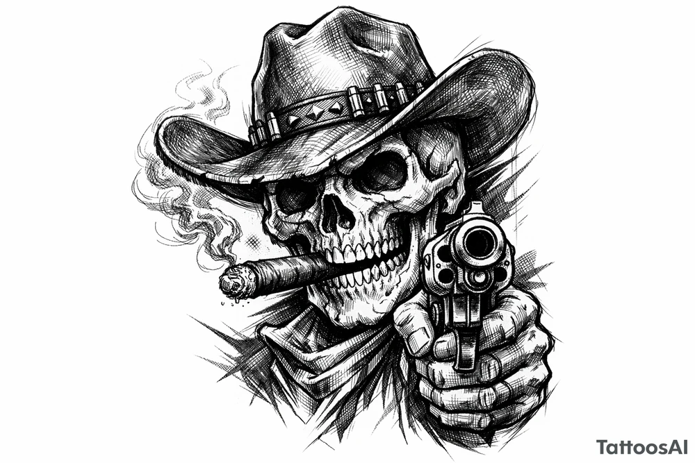 skull with cowboy-hat,a big cigar in his mouth and a gun in a hand. tattoo idea